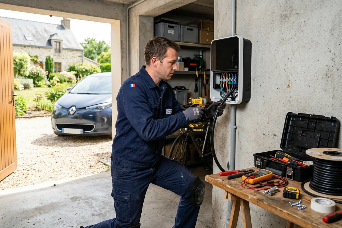 Installation borne de recharge pour véhicule électrique en garage résidentiel à Coutances
